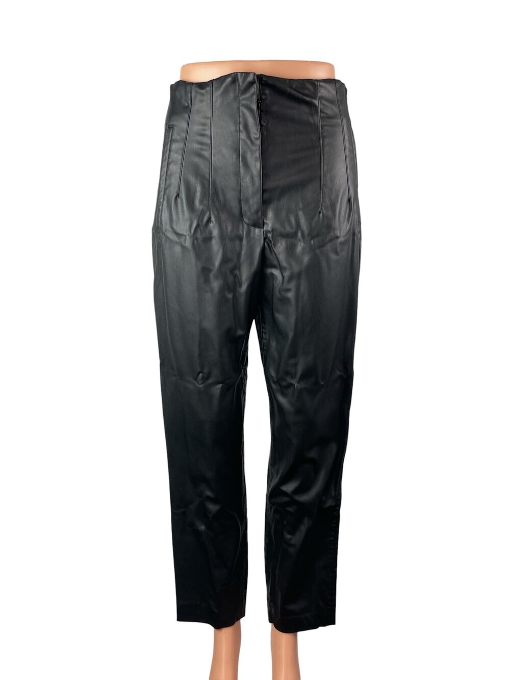 Zara Women's Black Faux Leather Vegan High Rise Straight Trousers Pants Size M